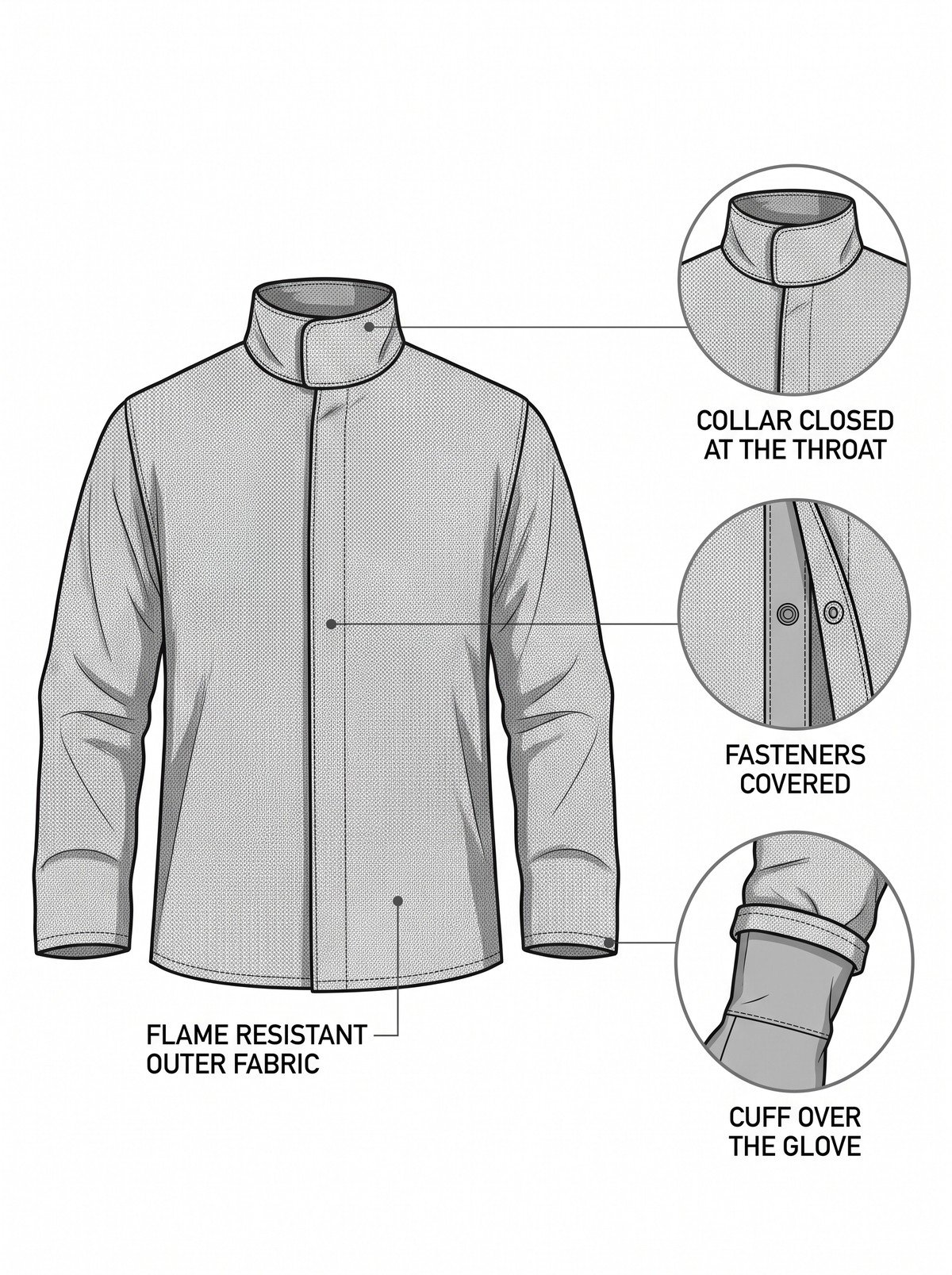 Simple line-art illustration of a flame-resistant welding jacket with a stand-up collar and covered front closure.
