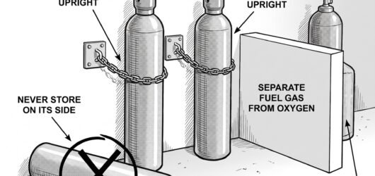 Simple line-art illustration of gas cylinders secured upright by a chain against a wall bracket, protective caps fitted.