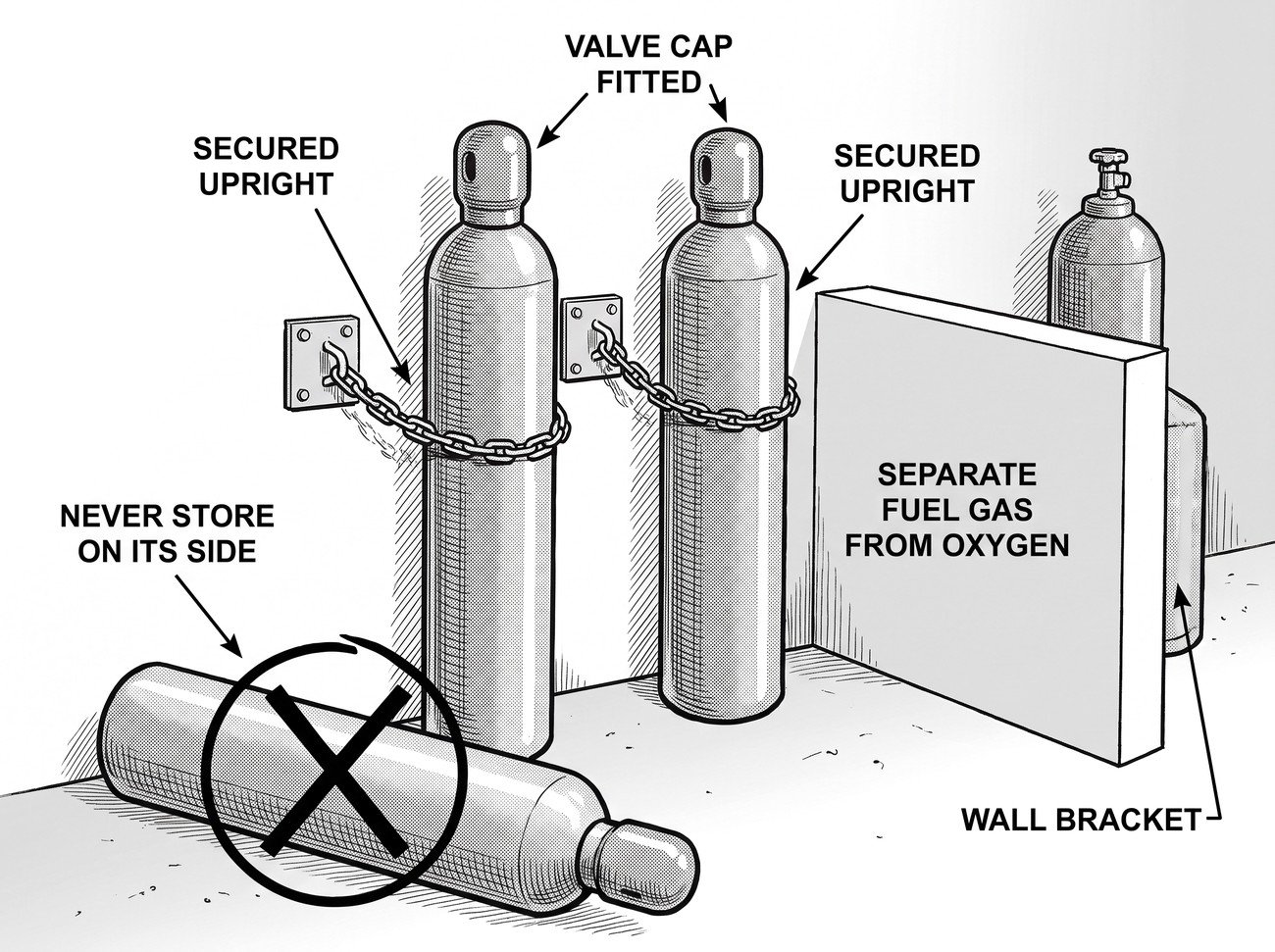 Simple line-art illustration of gas cylinders secured upright by a chain against a wall bracket, protective caps fitted.