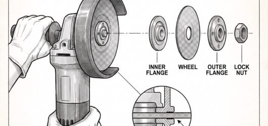 Simple line-art illustration of an angle grinder with its guard fitted, positioned beside a wheel and mounting flanges.