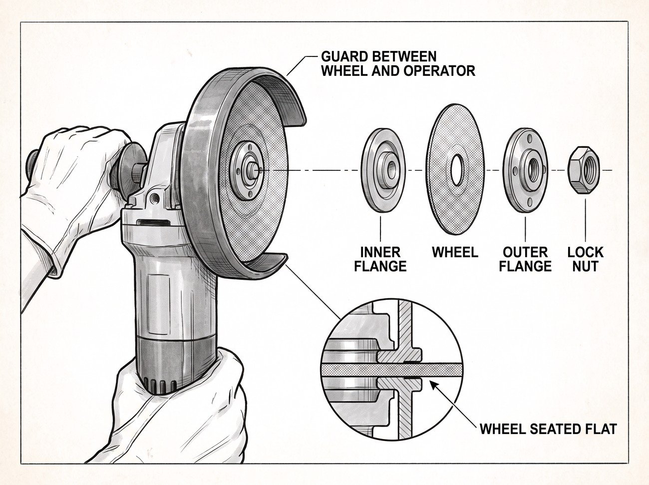 Simple line-art illustration of an angle grinder with its guard fitted, positioned beside a wheel and mounting flanges.