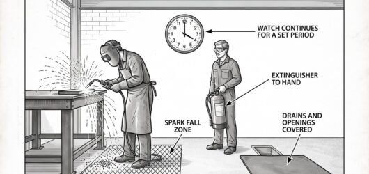 Simple line-art illustration of a fire extinguisher positioned beside a welding work area with a covered floor drain nearby.