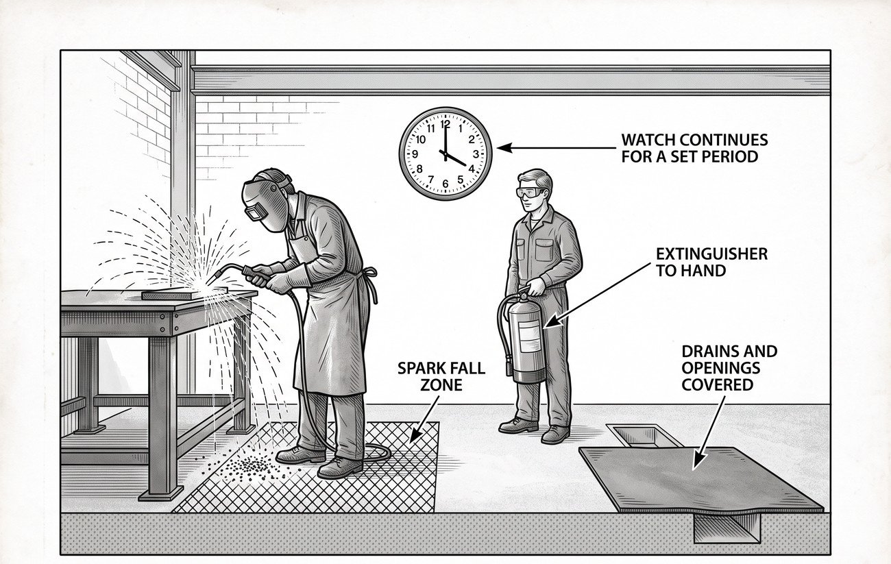 Simple line-art illustration of a fire extinguisher positioned beside a welding work area with a covered floor drain nearby.