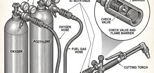 Simple line-art illustration of an oxy-fuel cutting torch with flashback arrestors fitted at the hose connections.