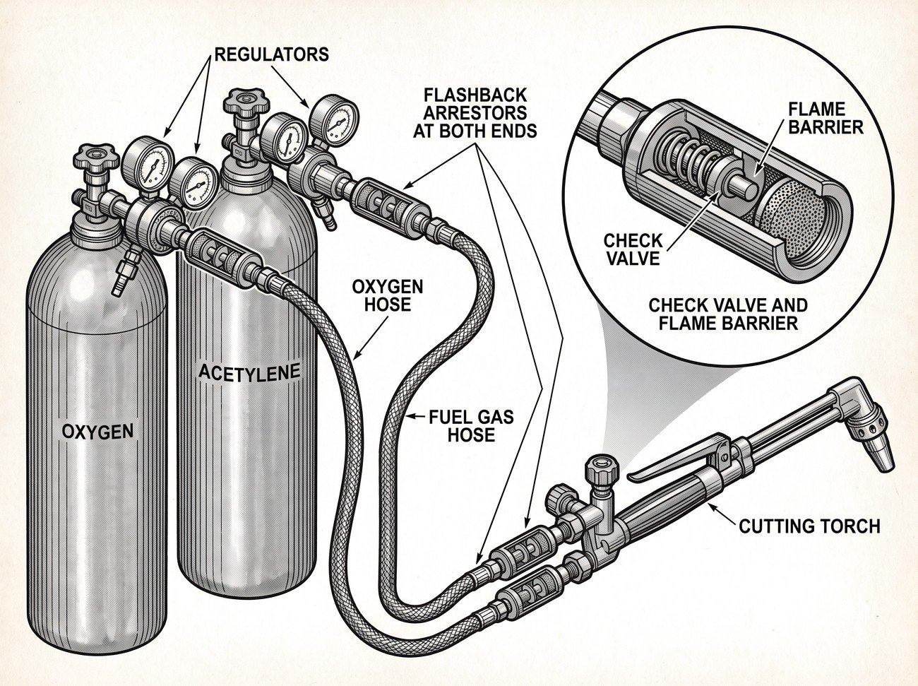 Simple line-art illustration of an oxy-fuel cutting torch with flashback arrestors fitted at the hose connections.