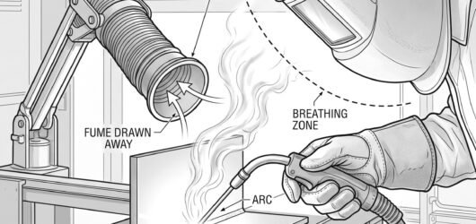 Simple line-art illustration of a welder using a torch fitted with a local fume extraction nozzle near the weld pool.
