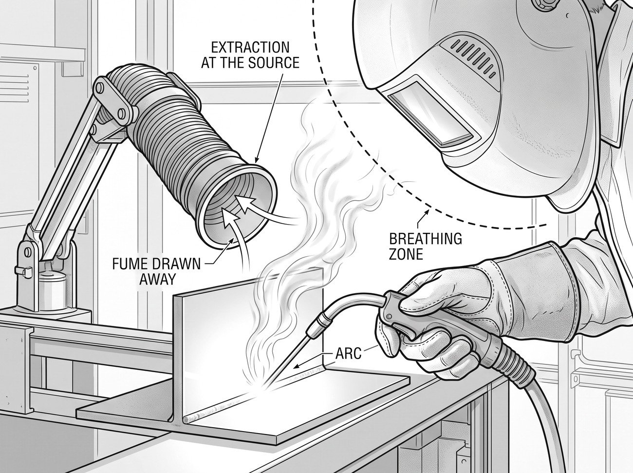 Simple line-art illustration of a welder using a torch fitted with a local fume extraction nozzle near the weld pool.