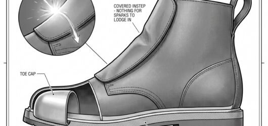 Simple line-art illustration of a pull-on welding boot with a covered lace flap and reinforced toe.