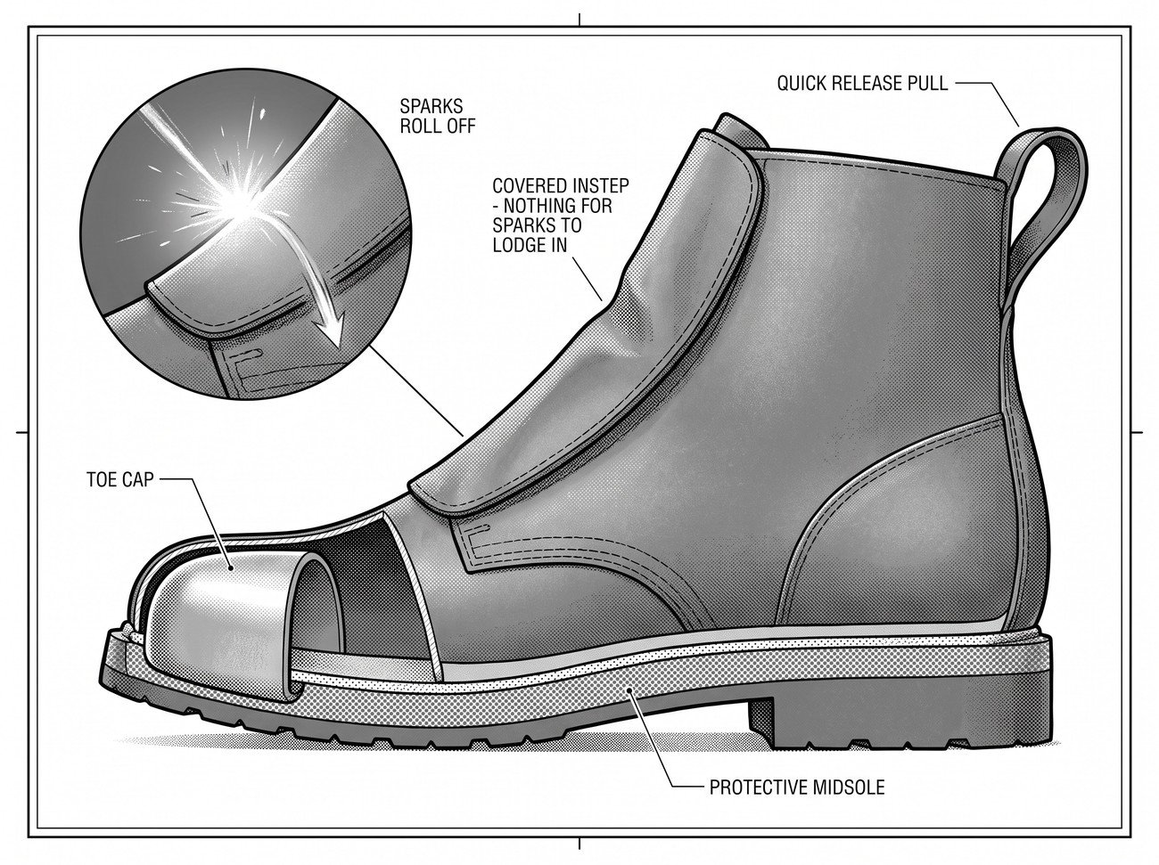 Simple line-art illustration of a pull-on welding boot with a covered lace flap and reinforced toe.