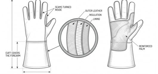 Simple line-art illustration of a gauntlet-style welding glove with an extended cuff and reinforced palm.