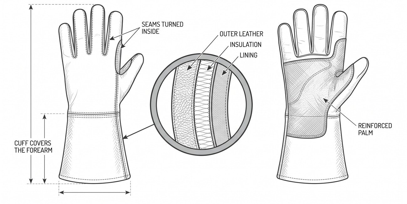 Simple line-art illustration of a gauntlet-style welding glove with an extended cuff and reinforced palm.