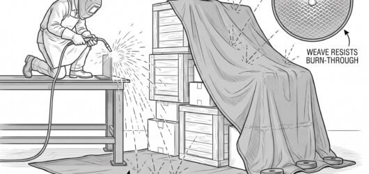 Simple line-art illustration of a fire-resistant welding blanket draped over combustible material near a work area.
