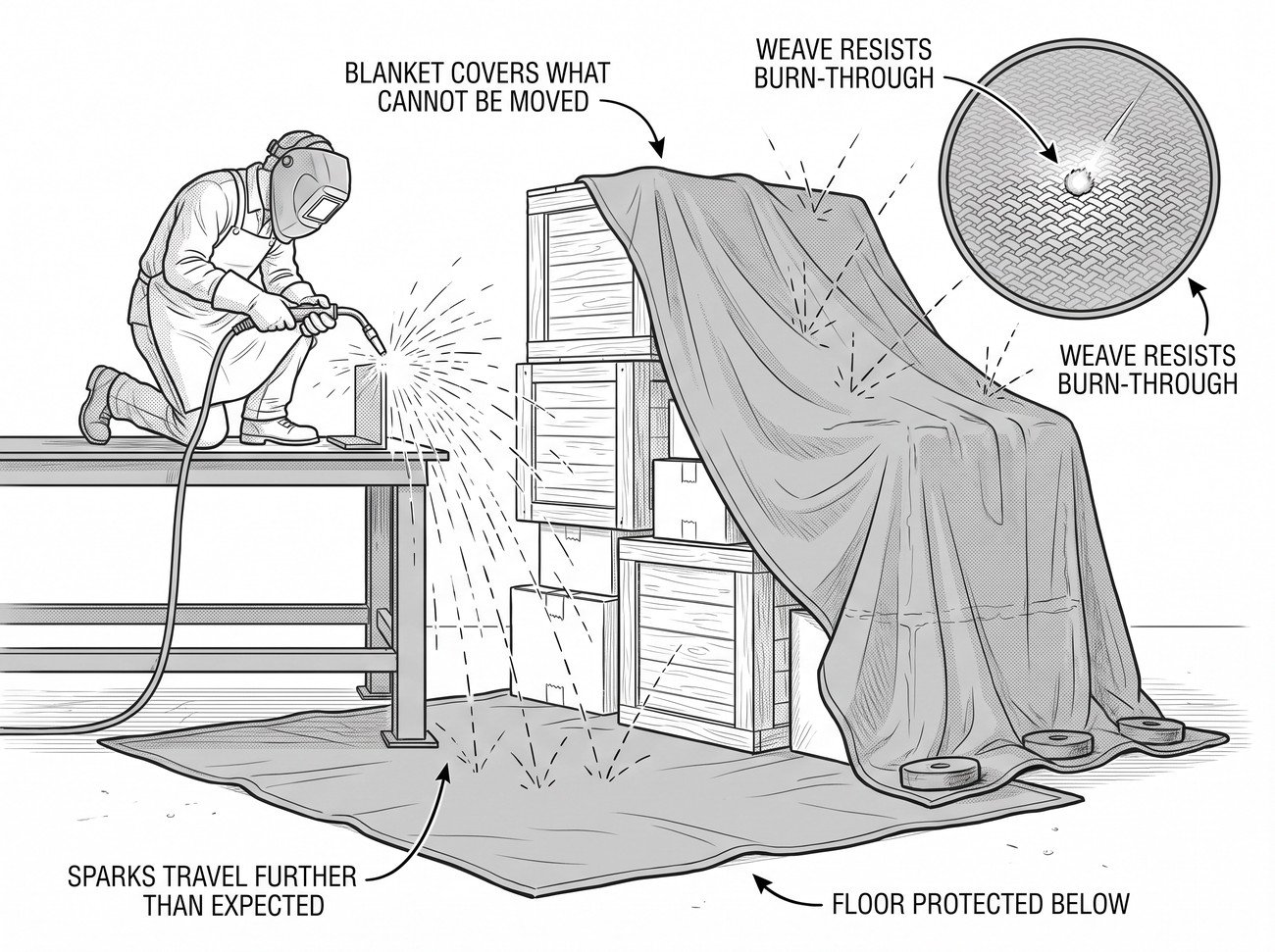 Simple line-art illustration of a fire-resistant welding blanket draped over combustible material near a work area.