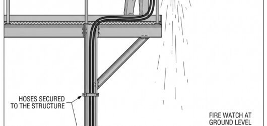 Simple line-art illustration of a welder working from an elevated platform with a hose routed up from ground-level gas cylinders.