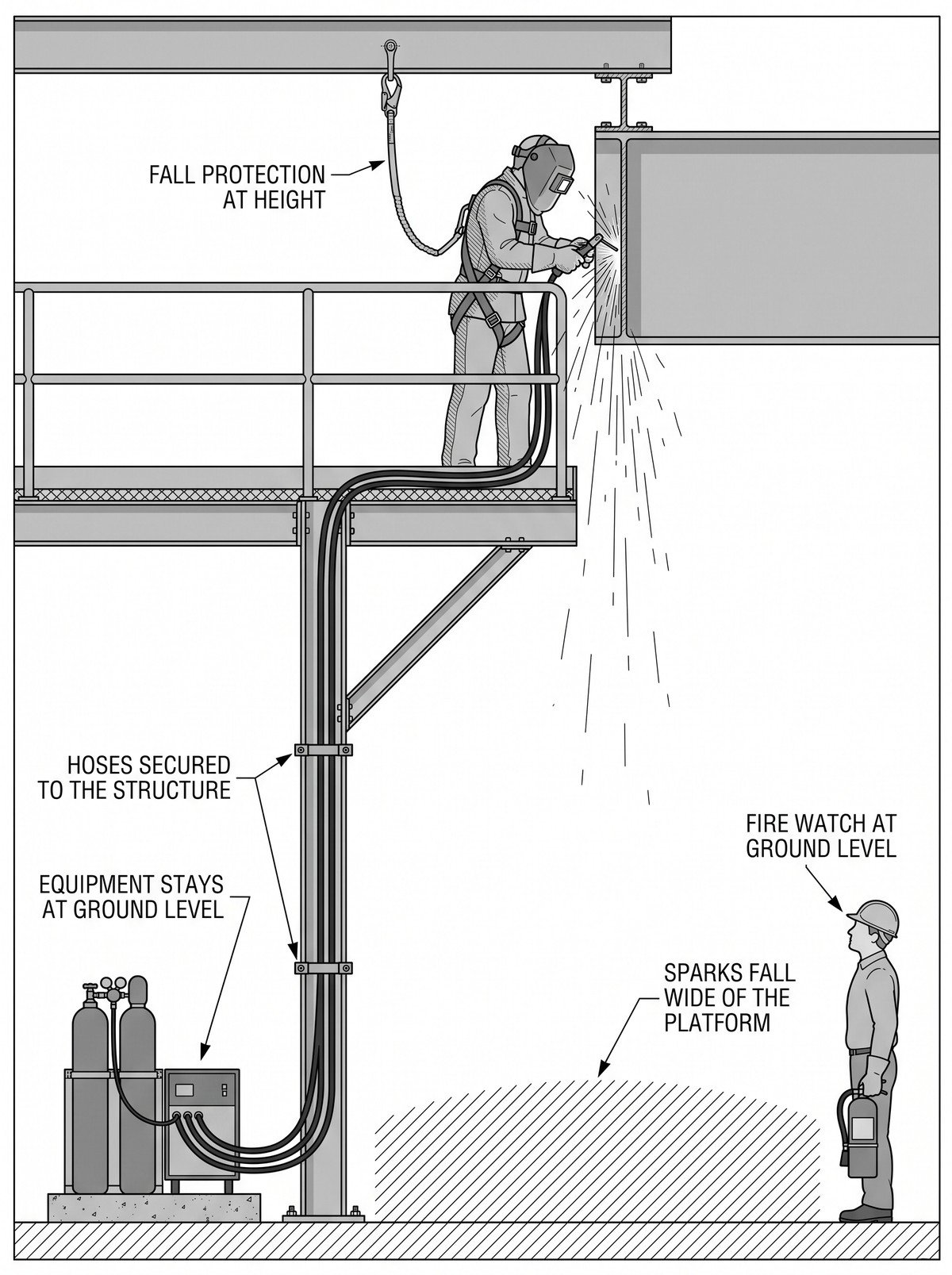 Simple line-art illustration of a welder working from an elevated platform with a hose routed up from ground-level gas cylinders.
