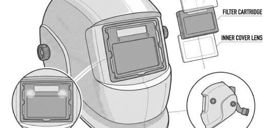 Simple line-art illustration of a welding helmet with a rectangular auto-darkening filter lens mounted in the front panel.