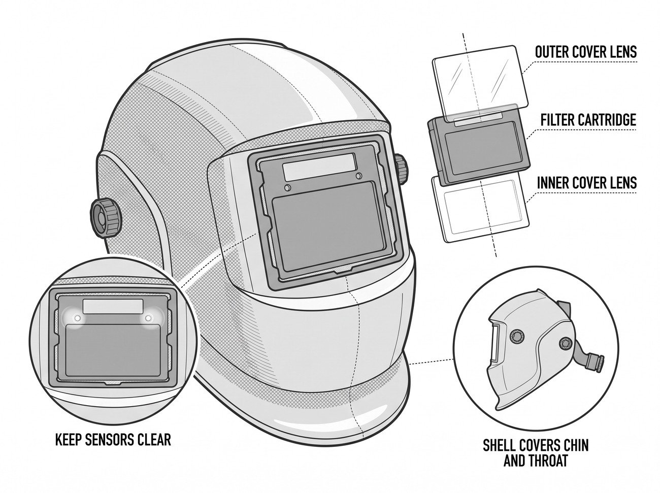 Simple line-art illustration of a welding helmet with a rectangular auto-darkening filter lens mounted in the front panel.