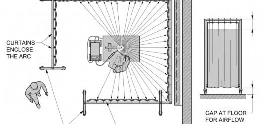 Simple line-art illustration of a flame-resistant welding curtain hung on a frame enclosing a work area, extending to the floor.