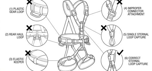 Diagram marking gear loops, haul loop, strap keepers, adjusters and a single sternal loop as points that must not be used for a restraint tether
