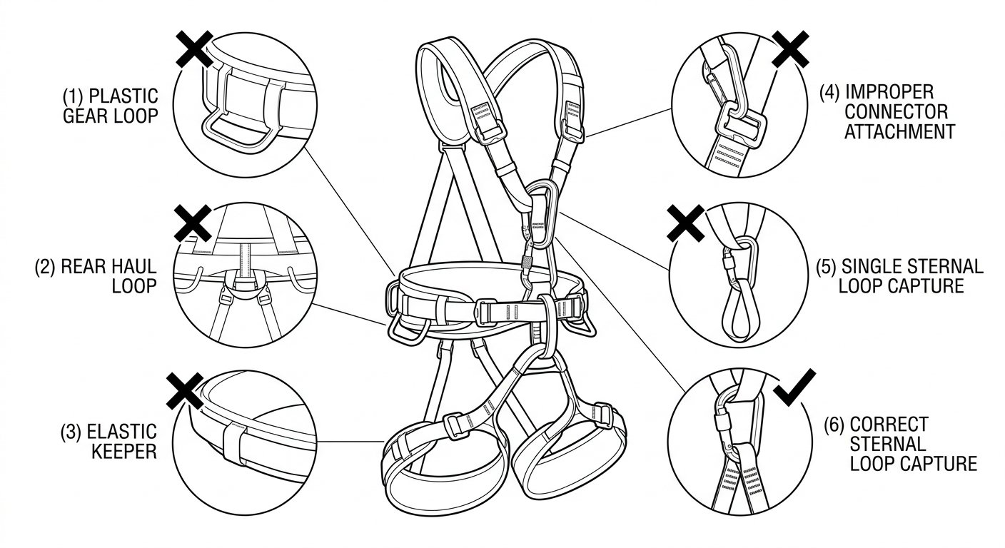 Diagram marking gear loops, haul loop, strap keepers, adjusters and a single sternal loop as points that must not be used for a restraint tether
