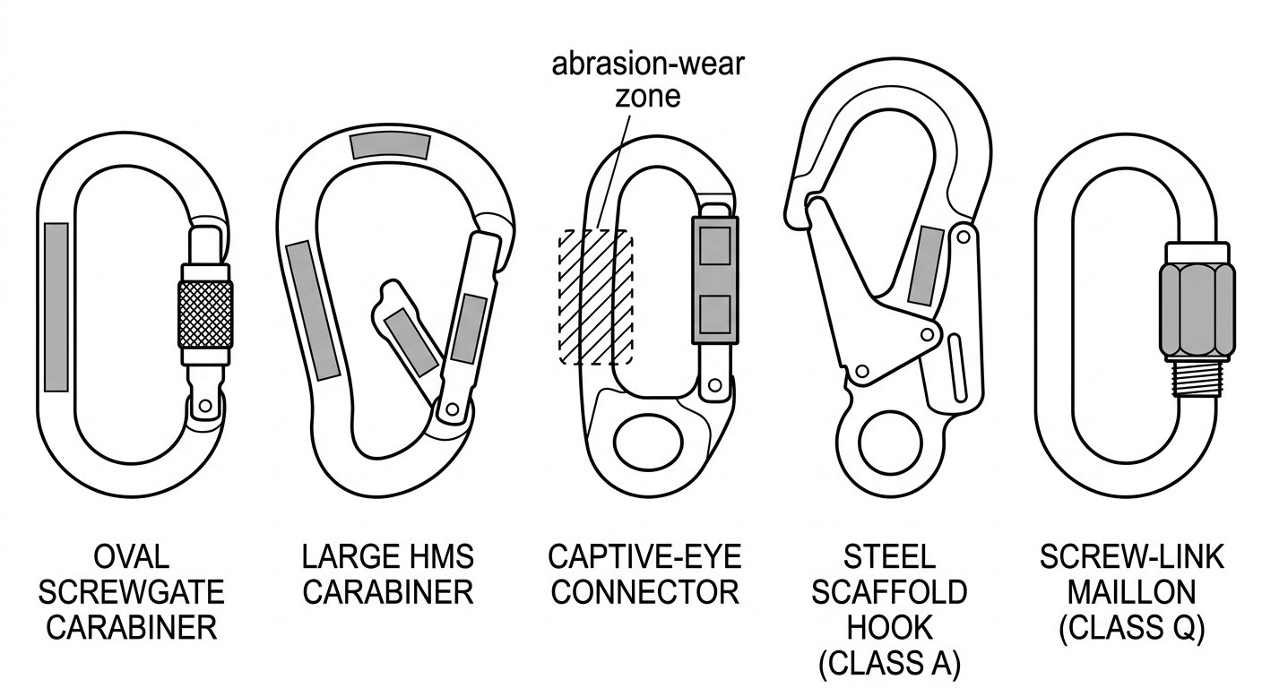 Reference diagram showing where certification markings are located on an oval screwgate, an HMS carabiner, a captive-eye directional connector, a steel Class A hook and a Class Q screw link.