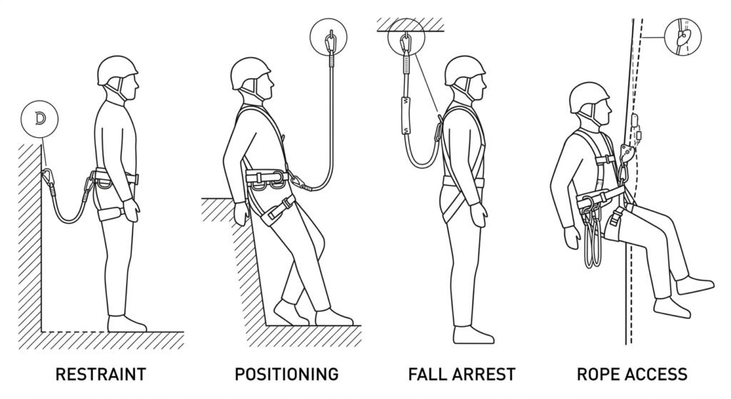 Four line-drawn workers showing restraint, work positioning, fall arrest and rope access configurations, each with the loaded harness attachment point highlighted.