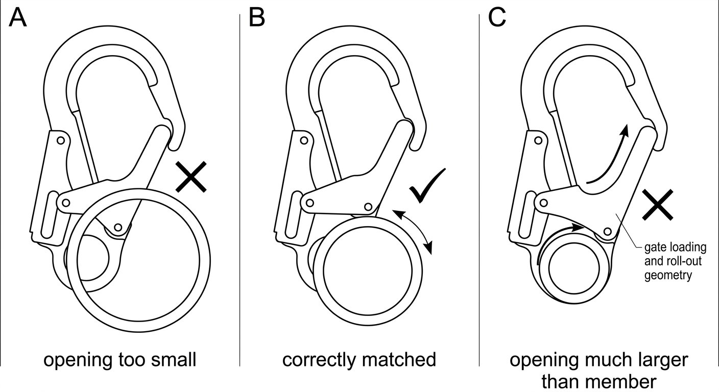 Three-panel diagram comparing an undersized, correctly matched and oversized connector gate opening on a round structural member, showing how an oversized opening lets the member ride toward the gate