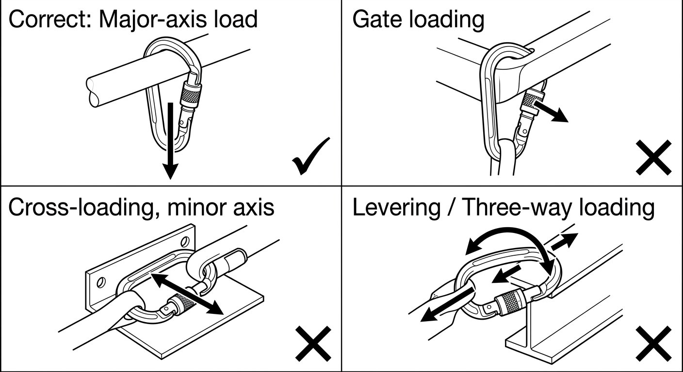 Four-panel diagram showing correct major-axis loading of a work positioning lanyard connector versus gate loading, minor-axis cross-loading and levering across a beam flange