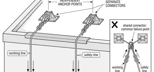 Diagram showing working line and safety line terminated on separate anchor points with separate connectors, and an inset showing the incorrect shared 
