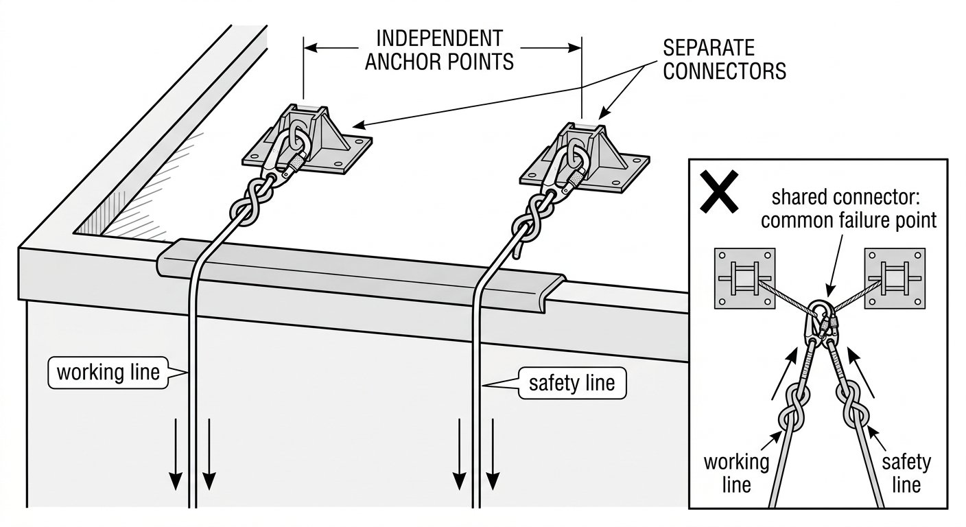 Diagram showing working line and safety line terminated on separate anchor points with separate connectors, and an inset showing the incorrect shared single connector.